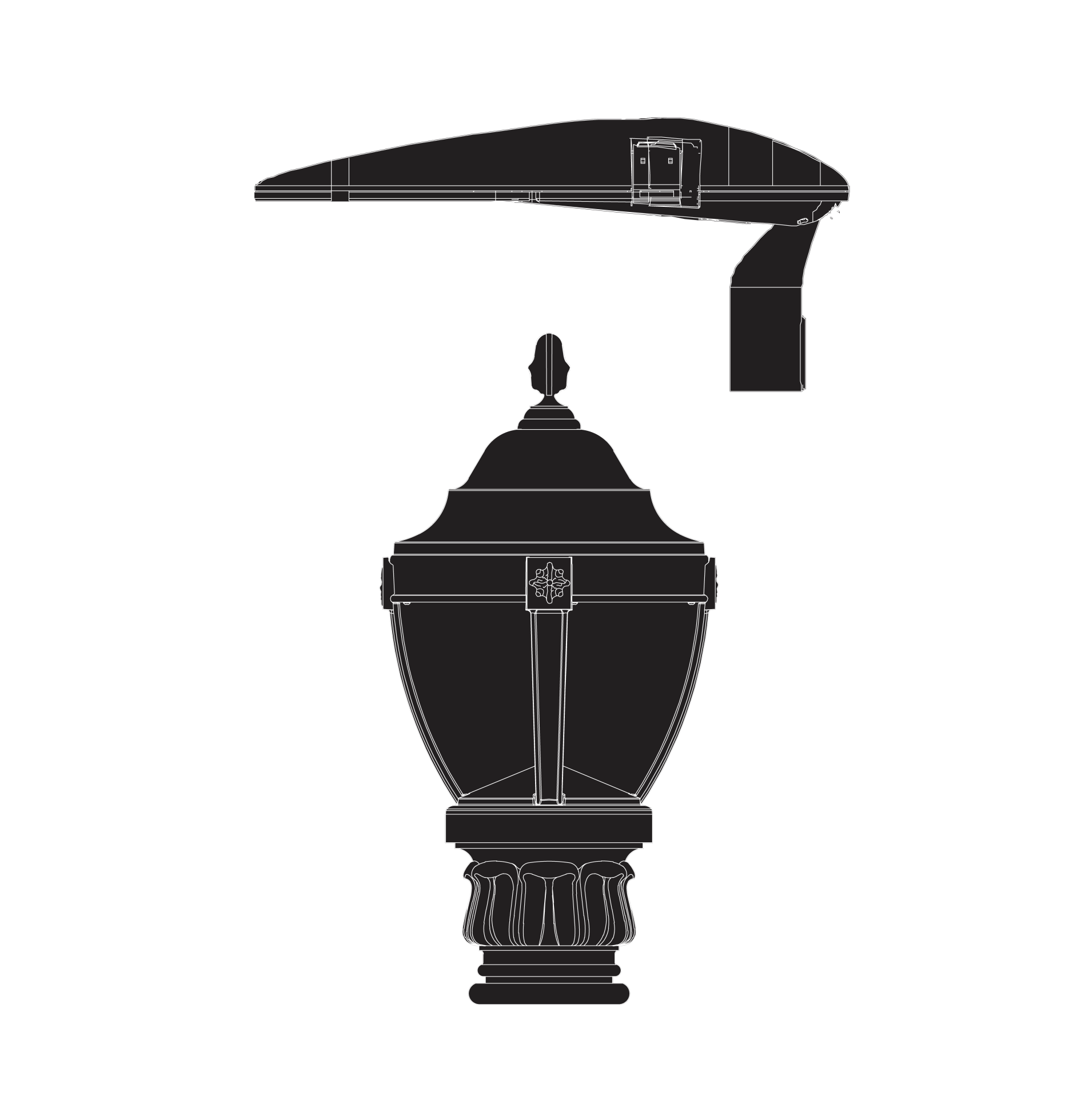 Soluxio Solar Technology Fixture Schematic White line schematic drawing of Soluxio light fixture on black background